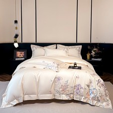 Bedding Set 4pcs Cotton Embroidered Flowers Duvet Cover Flat Sheet 2 Pillowcases