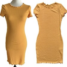 Mustard Yellow Ribbed Bodycon Stretchy Short Sleeve Dress Size 6 Medium 