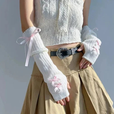 Y2K Arm Ärmel Damen Fäustlinge Gestrickt Halbfinger Bogenmode - Bild 1 von 4