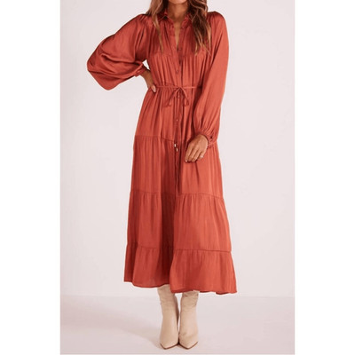 Minkpink Women s Hannah Tiered Midi Dress Rust Orange Terra Cotta Small NWT