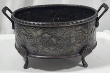 Antique Metal Ornate Floral Design Footed Oval Bowl With Handles 