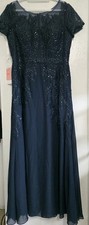 JJ's House Dark Navy Chiffon Sequin Lace Formal Evening Gown Sweep Train L/16NWT
