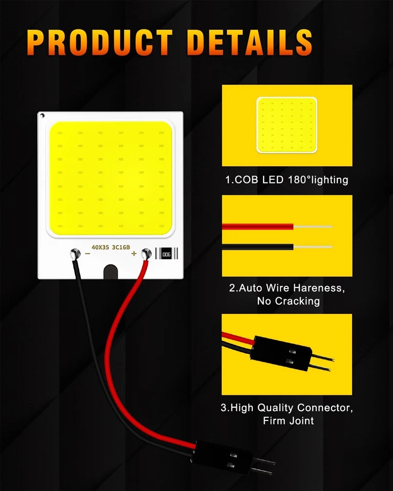 10 Pack 12V COB 48-SMD LED Panel Car Interior Dome Light T10 BA9S Adapters - Image 3 of 4