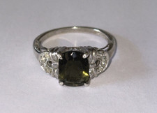 925 Sterling Silver Dark Green Stone with Clear Accent Stones Size 5.5