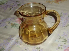 Vintage Yellow Amber Hand Blown Glass Ribbed Pitcher Applied Handle 4 Inches