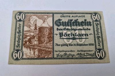 60 Heller 1920 Excellent Condition Old BANKNOTE Austria
