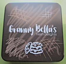 Tin Granny Bella's Fresh Delights Brown & Tan w/Lid 8.25"x 8.25"x 2.25" No Dents