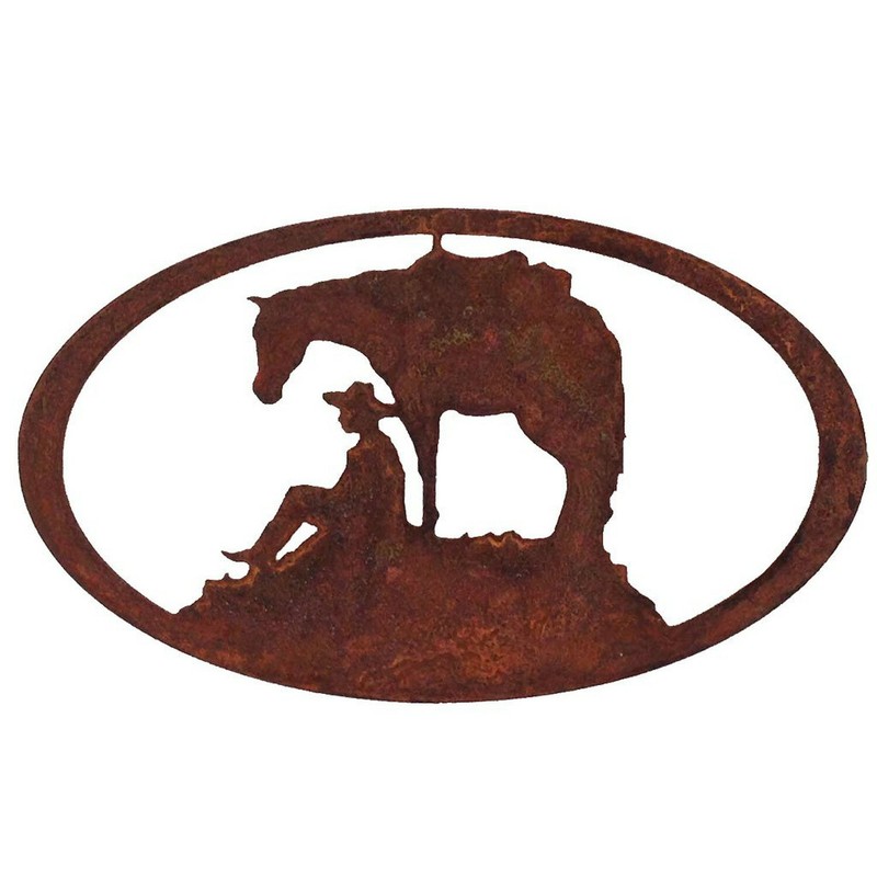 7055 Inc. Southwest Horse & Cowboy Oval, Natural Rust Patina