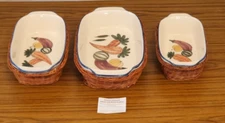 6pc Casserole Dishes with Wicker Baskets, Hand Painted Squash motif.