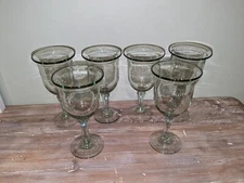 CASA By Pottery Barn Hand Blown Water Goblet Clear Green Mexican Glass Set Of 6