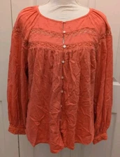 Womans Blouse Shirt Size M Orange Lightweight Flowy Long Sleeve Lacy Button Up