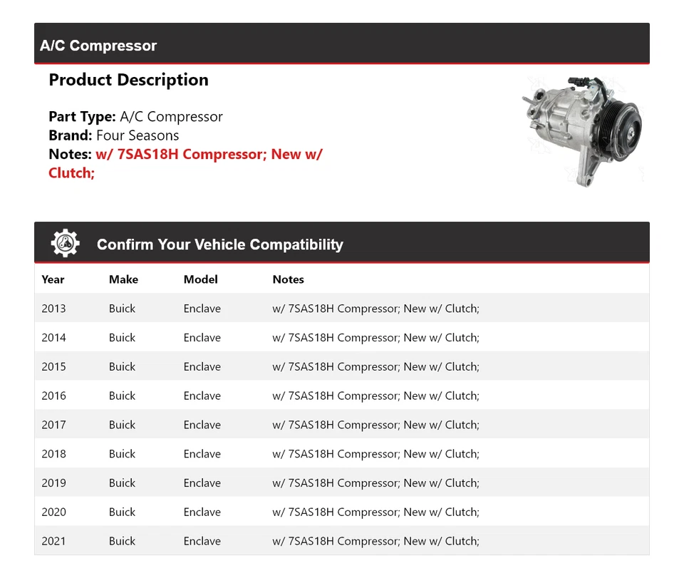 Compresor de aire acondicionado Buick Enclave 2013-2021 4 estaciones 2014 2015 2016 2017 2018 Foto 2 de 4