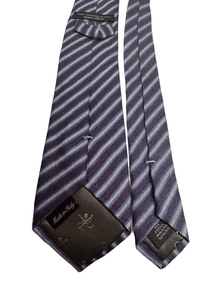 Corbata de vestir para hombre John Varvatos azul marino a rayas lino italiano mezcla seda Foto 4 de 4
