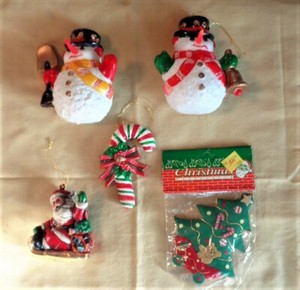 5 Vintage MISC Christmas Ornaments, Snowmen-Candy Cane-Christmas tree-Santa