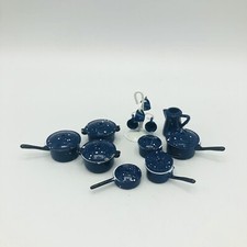 Vtg Enamelware Blue Dollhouse Miniature Cookware Graniteware Camping 20 pcs