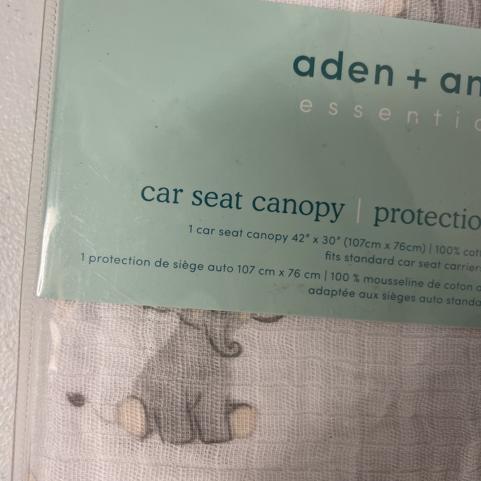 aden + anais Car Seat Canopy Cotton Muslin w/Snaps Cover ELEPHANTS