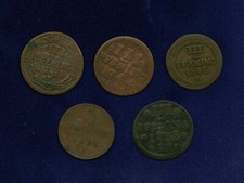 GERMAN STATES WISMAR 1738, 1744, 1761, 1845, & 1854, 3 PFENNIG COINS, LOT OF 5