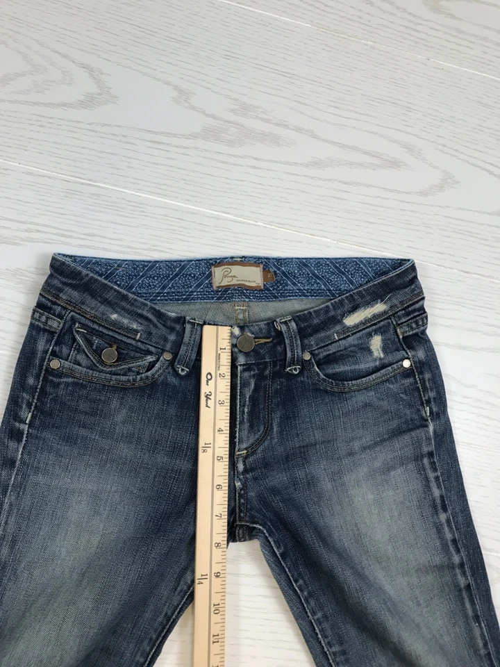 Paige Pico Jeans Womens 27 Bootcut Blue Embroidered Button Flap Pockets Distress - Image 3 of 4