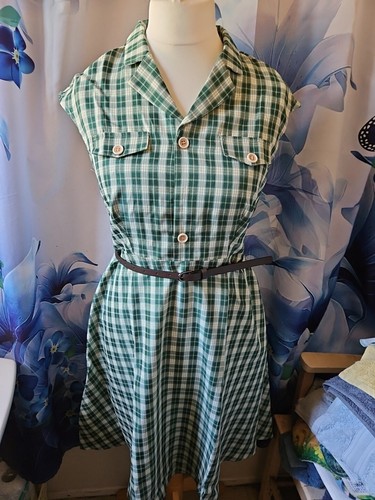Allegra K Retro Button Front Belted Cap Sleeve Plaid Dress - Picture 2 of 24