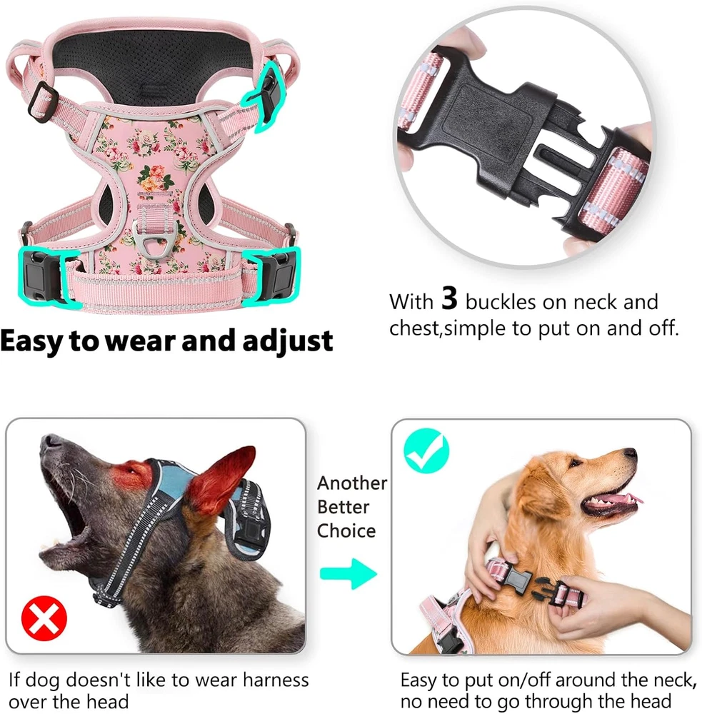 Dog Harness, No-Pull Pet Harness with 2 Leash Clips, 3 Snap Buckles Adjustable S