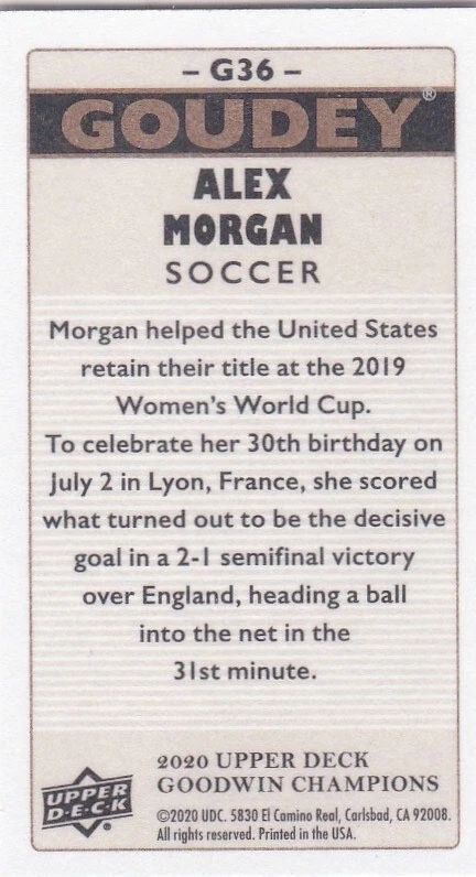 ALEX MORGAN 2020 Upper Deck Goudey Mini TEAM USA Women's Soccer Card WORLD CUP - Image 2 of 2