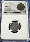A NGC MS 65 1943 Lincoln Wheat Small Cent Steel with WWII Bazooka Bag Fragment