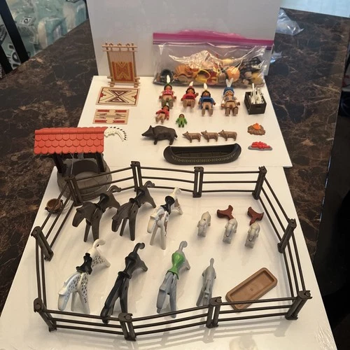 Vintage 1974 - 1989 Playmobil Geobra Native American Indians & Western Acc Lot