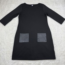 Old Navy Shift Dress Womens Medium Petite Black Faux Leather Pocket 3/4 Sleeve