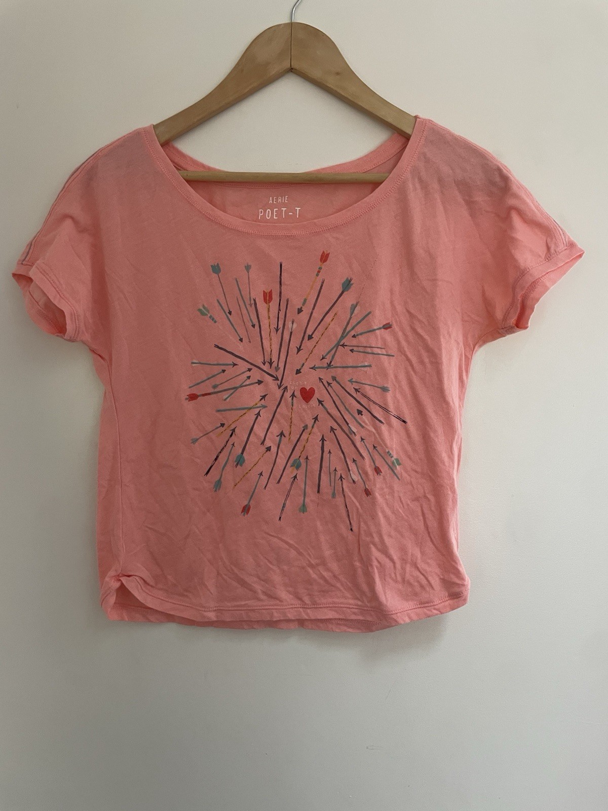 Aerie Poet-T Women's Sheer Soft Cotton Blend Crewneck Short Sleeve Shirt Pink S