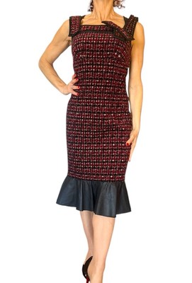 DSQUARED2 ITALY DRESS RED VELVET PLAID LEATHER  RUFFLE  SLEEVELESS SHEATH 42/4
