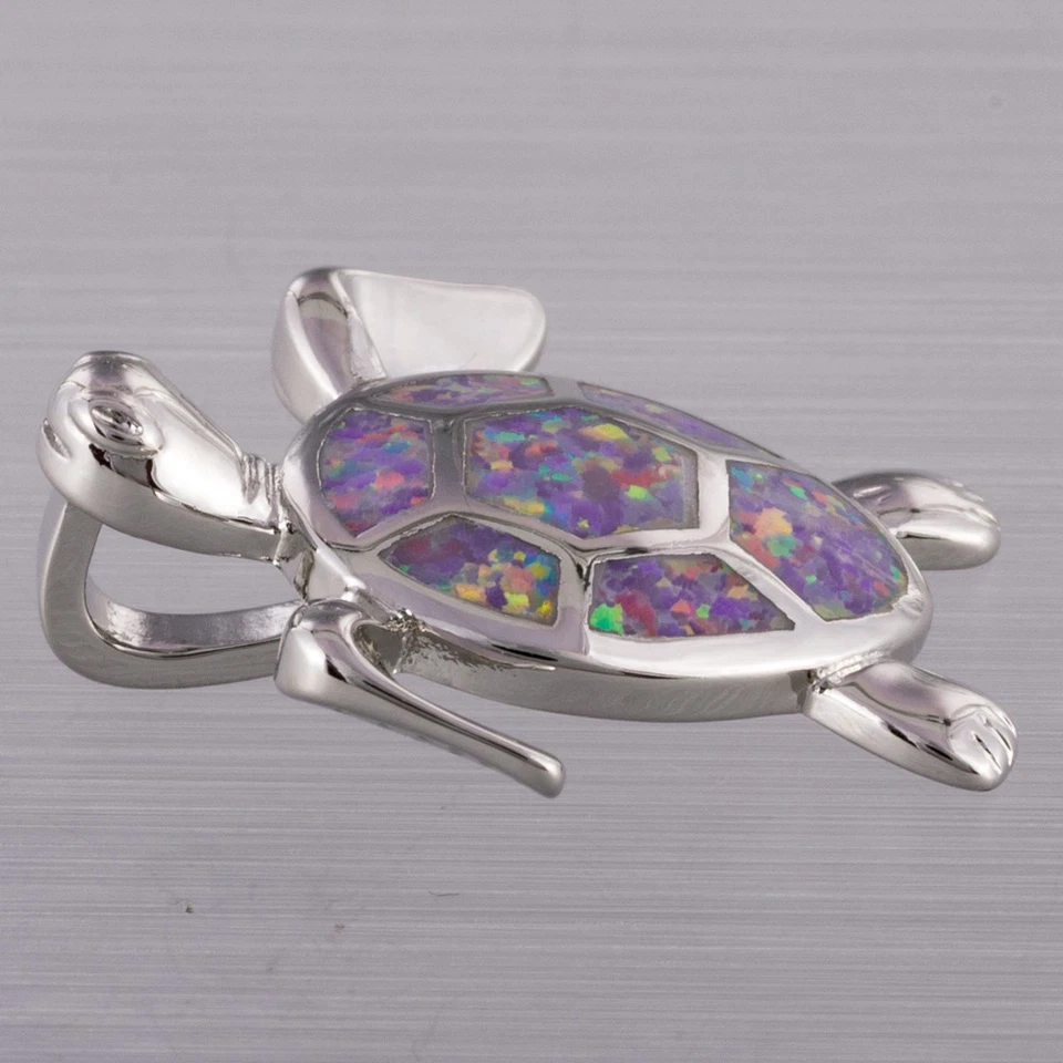 Collar colgante de plata de ópalo de fuego púrpura lavanda tortuga marina verde Foto 4 de 4