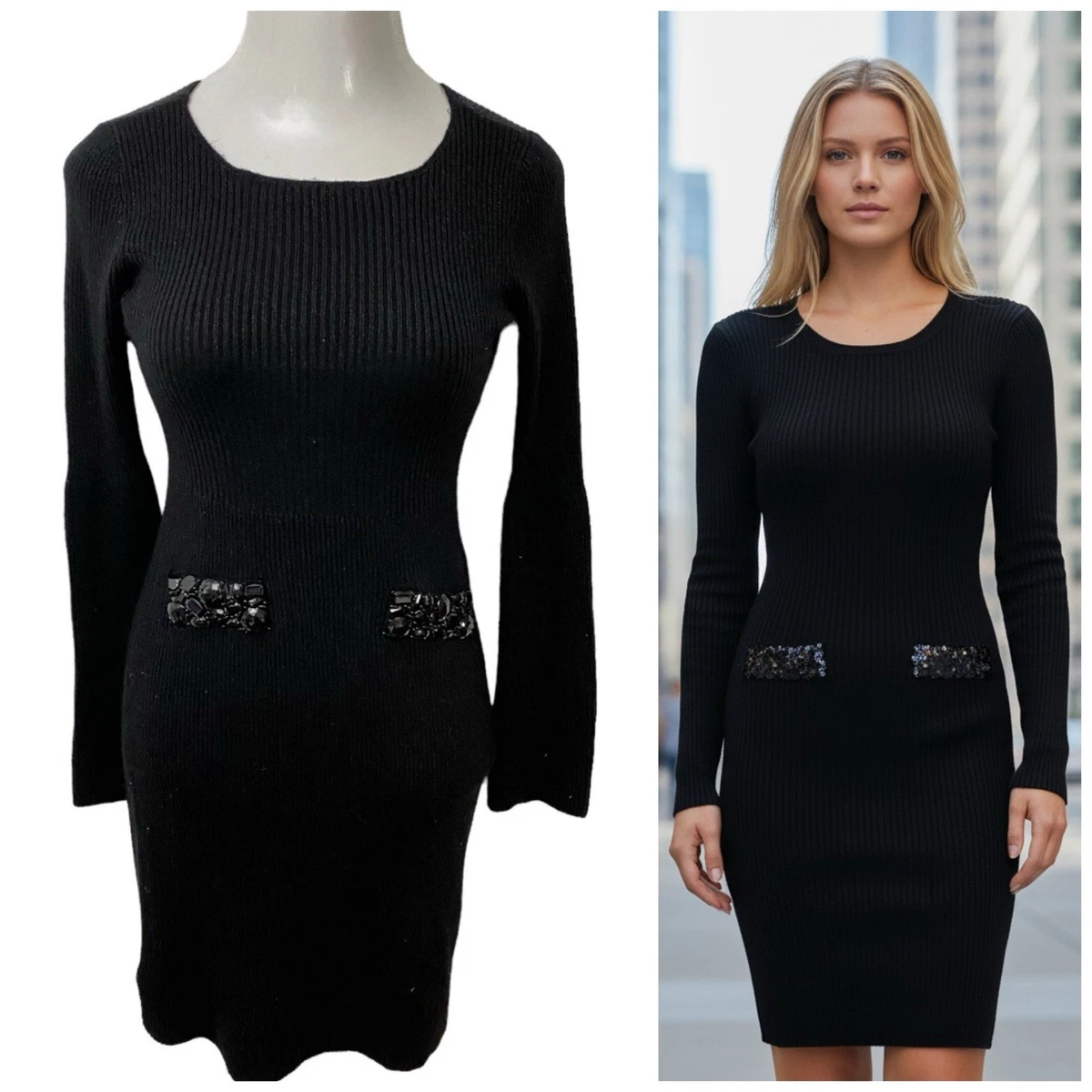 Robe Noire INC International Concepts - Taille XL - Manches Longues Brodées Perles - Neuf Avec Étiquette