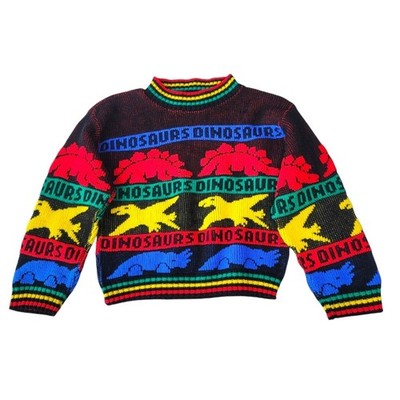 Vintage 80s Boys Dinosaur Knit Sweater Primary Color Medium