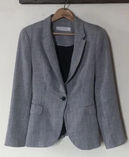 Zara Basic Womens M Lightweight Woven Gray Striped 1-Button Blazer Collar Lined