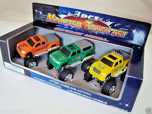 3er SET MONSTERTRUCKS, DRUCKGUSS METALL & KUNSTSTOFF, AUSGETRICKST, VERCHROMT, KINDER 3+, NEU - Bild 9 von 11