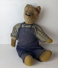 Antique vintage Mohair Teddy Bear, Fully Jointed, Stitched Nose and overalls 16"