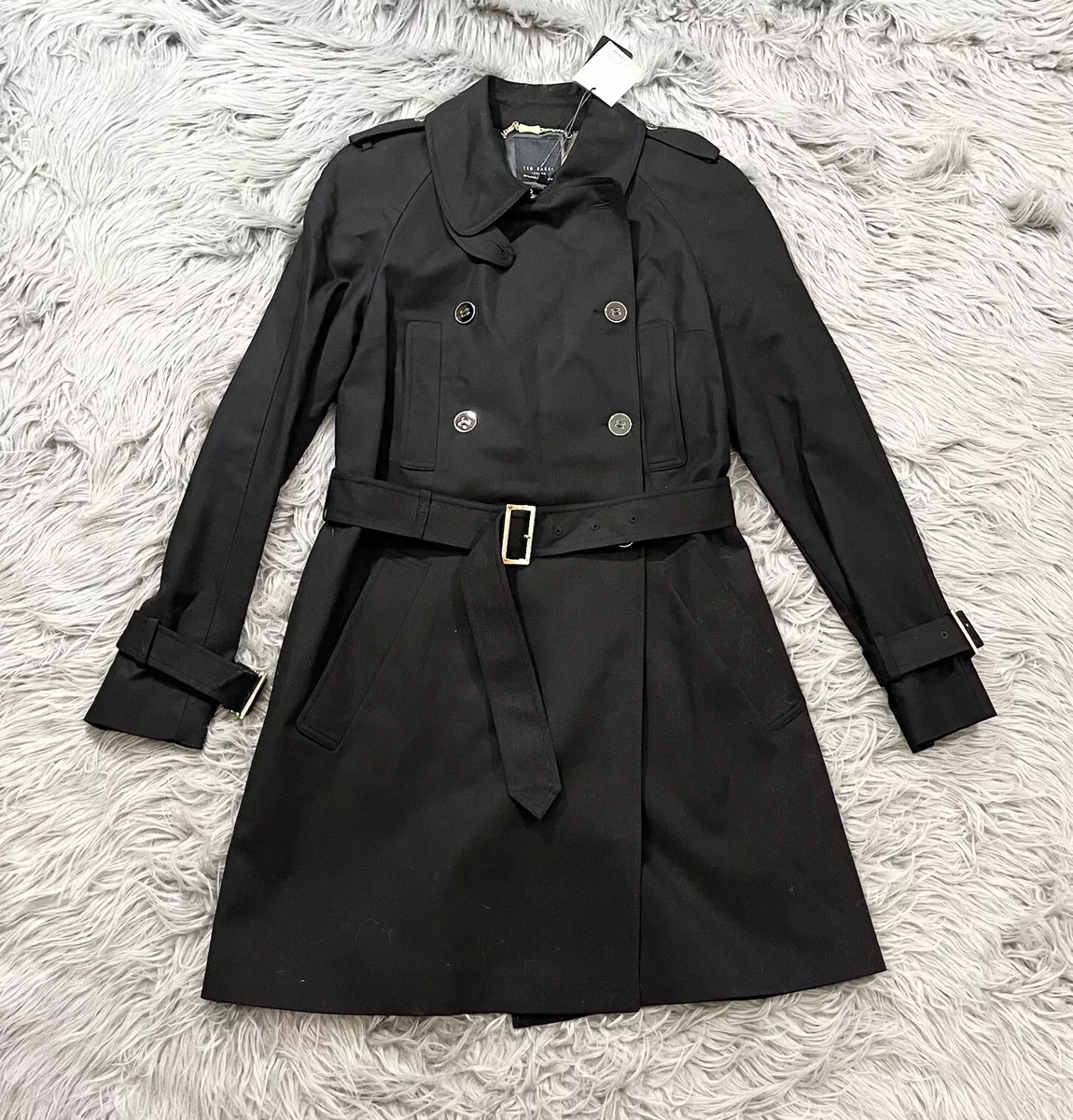 NWT Ted Baker Cotton Double Breasted Mac Trench Coat Black Sz 3 US 8