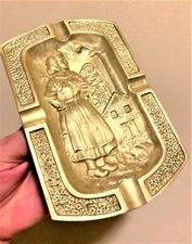Antique Souvenir Brass Ash TRAY FRANCE 1945 Depose lady factory worker