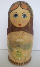 Vintage Wood 7" Russian Matryoshka Nesting Dolls Hand Painted & Woodburn Signed