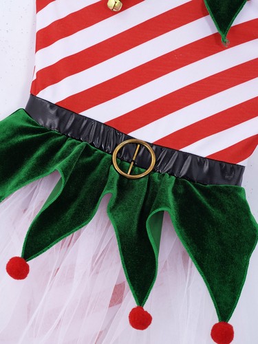 Kids Girls Christmas Elf Candy Cane Costume Fancy Party Tutu Dress with Headband - Picture 23 of 35