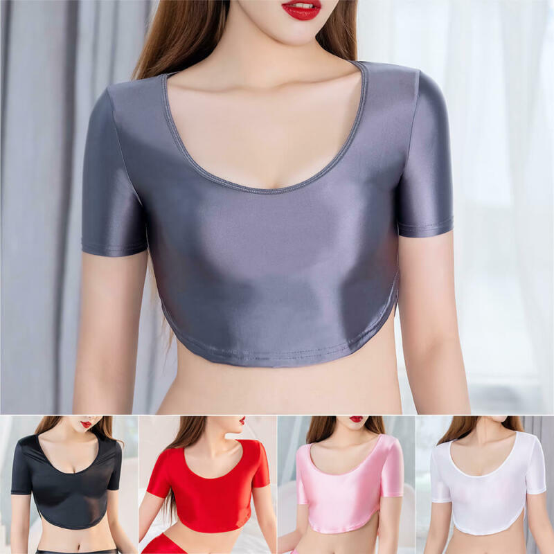 Women's Shiny High Glossy Stretch Crop Tops Short Sleeve T-Shirt Slim Fit Blouse