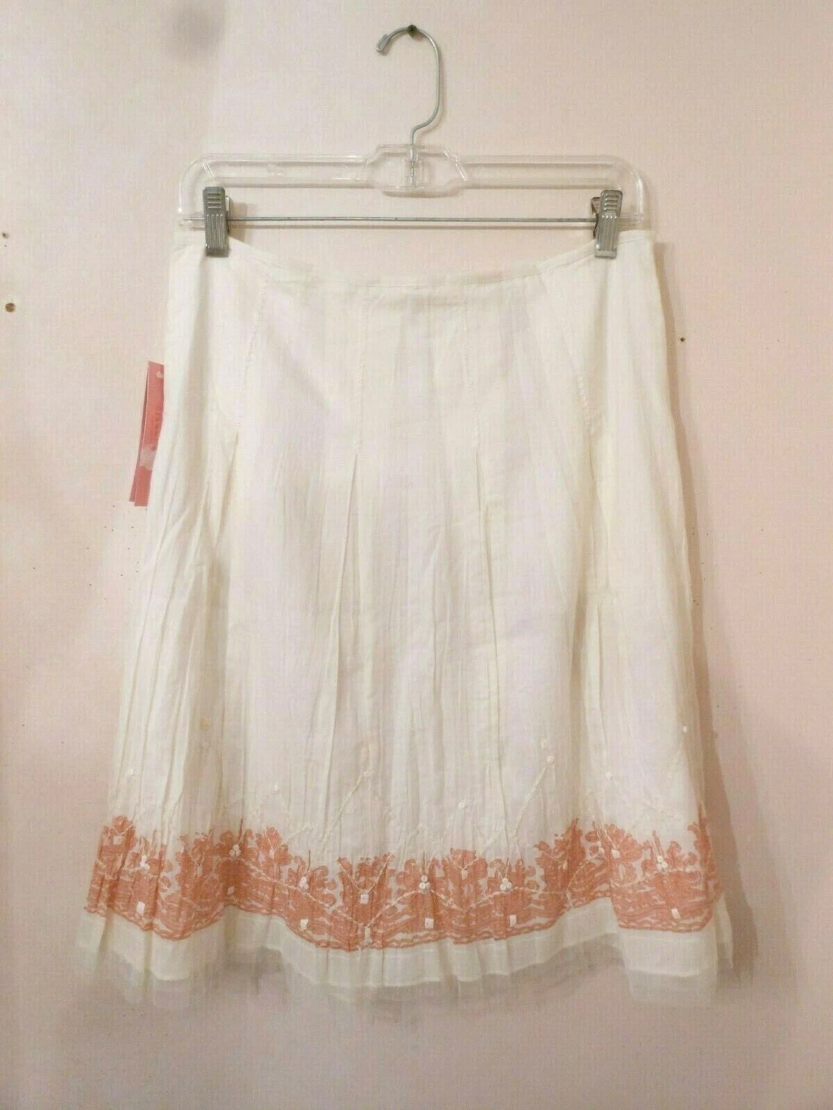 NWT $158 GIANNI BINI White/Coral Cotton Crinkled Knee-Length Lined Skirt Size 4