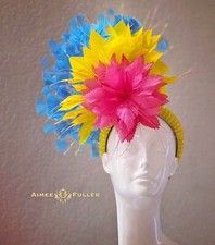 Fuchsia Kentucky Derby Fascinator Hot Pink Aqua Blue Ascot Hat Yellow Del Mar