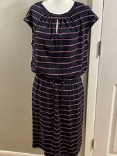 Banana Republic Stripe Navy Pink Dress Drawstring Side Pockets Size Small