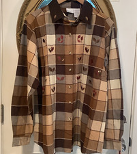 Bobbie Brooks brown beige plaid embroidered Fall leaves Academia button shirt XL