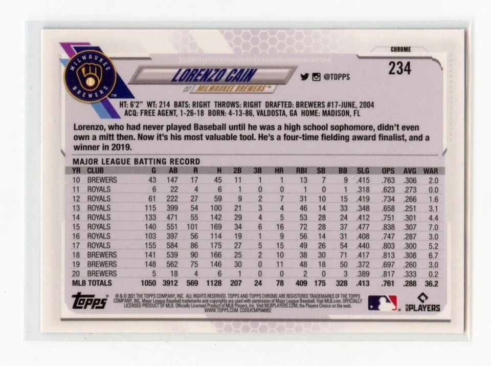 2021 Topps Chrome Sapphire Edition Lorenzo Cain #234 - Image 2 of 2