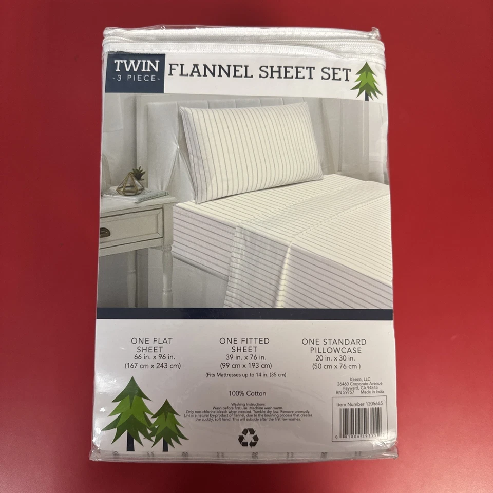 Twin Flannel Sheet Set 3 Piece White, Gray Striped New - Image 4 of 4