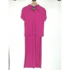 NWT Nina Leonard Womens 2pc Dress Set P/M Maxi Pink Short Sleeve Button Shirt