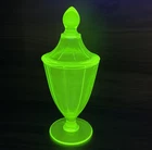 1930s Vaseline Uranium Glass Depression Apothecary Jar Candy Dish w/Lid 8.5”