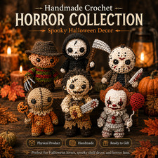 Handmade Horror Crochet Doll Set, Spooky Halloween Amigurumi Collection, Creepy